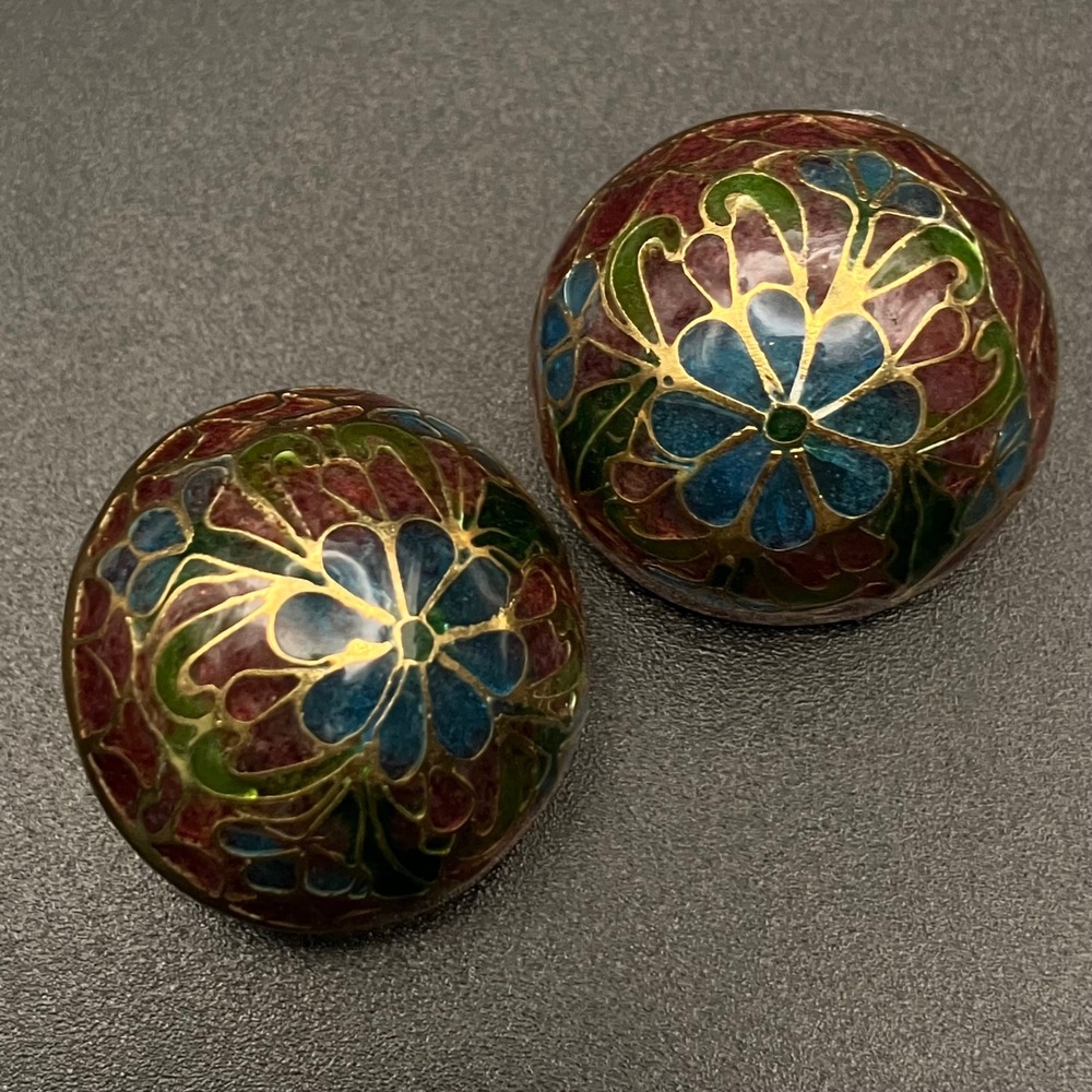 Vintage Plique a Jour Enamel Floral Stud Earrings Blue Green Burgundy 1.08in